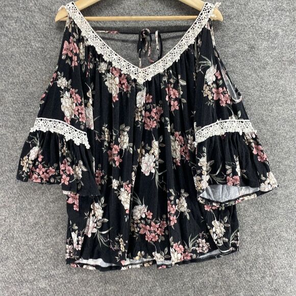 Always Indigo Blouse Women 3X Plus Black Floral V-Neck 3/4 Sleeve Tasseled Rayon - Picture 5 of 10